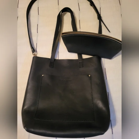 Portland Leather Goods Black Leather Tote Bag + Makeup Bag - Picture 3 of 16